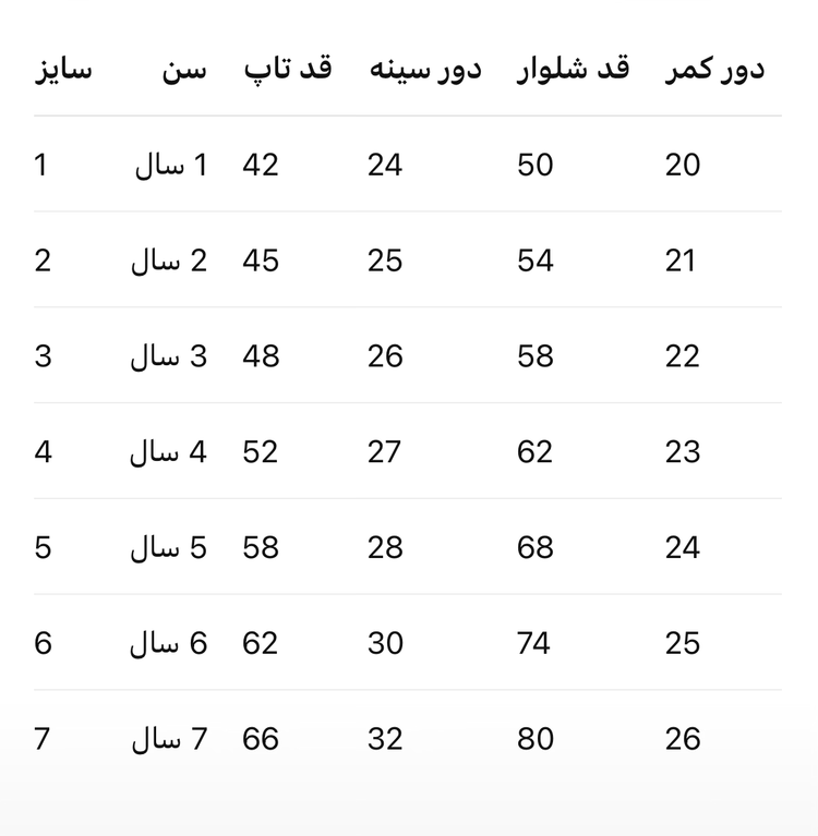 سایز لباس کودک